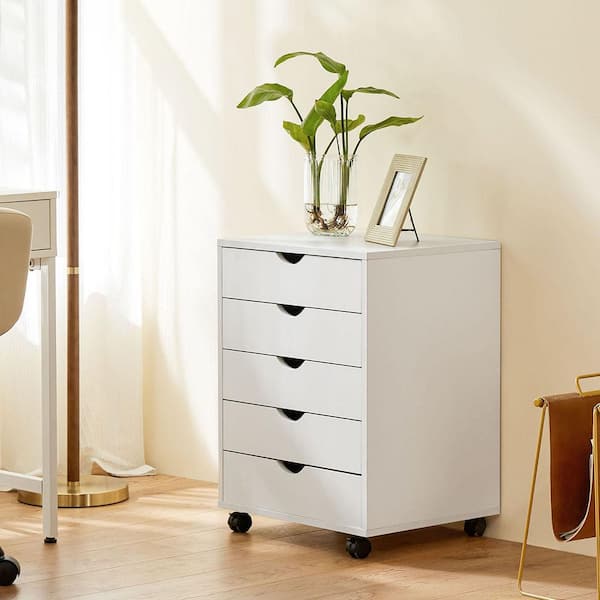 White 18.7 in. W 5 Drawers Storage Cabinet Swivel Dressers with Wheels Mobile Organizer for Office, Bedroom, Home