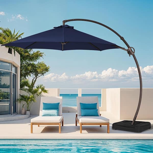 JEAREY 12 ft. L Outdoor Aluminum Curvy Cantilever Offset Hanging Patio Umbrella with Sandbag Base and Cover in Navy