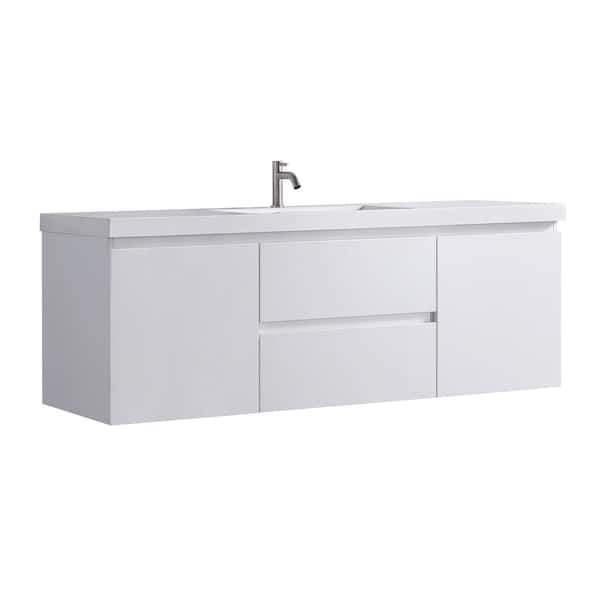 Hood-1S 60.00 in. W x 19.70 in. D x 22.00 in. H Wall Mounting Bath Vanity in White Wood with White Solid Surface Top