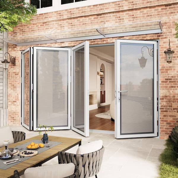 144 in. x 80 in. Left Swing/Outswing Double Tempered Glass White Louver Aluminum Folding Patio Door