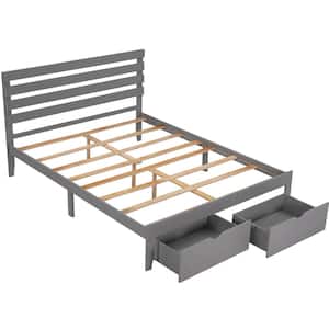 Queen Size 61 in. W Gray Platform Bed with 2 Drawers, Wood Frame Queen Adult Platform Bed Frame with Headboard