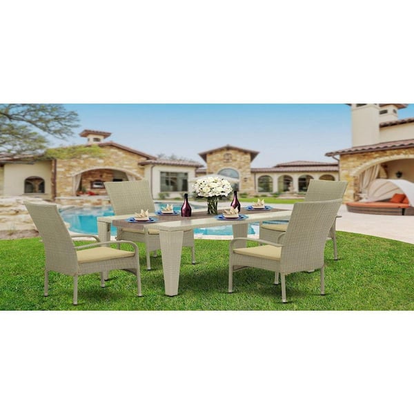 East West Furniture 5-Piece Natural Oak Finish Solid Wood Top Dining table with 4 Chairs with Lattice Back