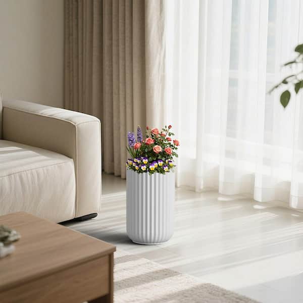 11 in. Small Pearl White(Upgraded Interior) Concrete Tall Round Planter / Pot Ribbed Design Plant Pot with Drainage Hole