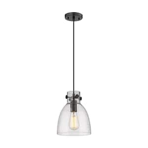 Newton Bell 100-Watt 1 Light Matte Black Shaded Pendant Light with Seeded glass Seeded Glass Shade