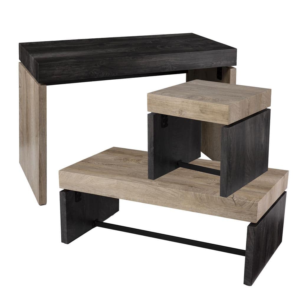 Natural and Black Rectangular Wood and Metal Cocktail Table