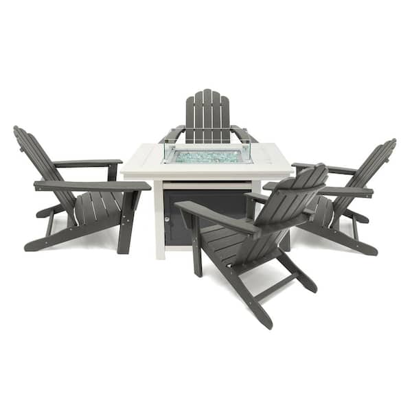 LuXeo Park City 42 in. 2-Tone White Square Top Fire Pit, 5-Piece Plastic Patio Conversation Set with Gray Marina Chairs
