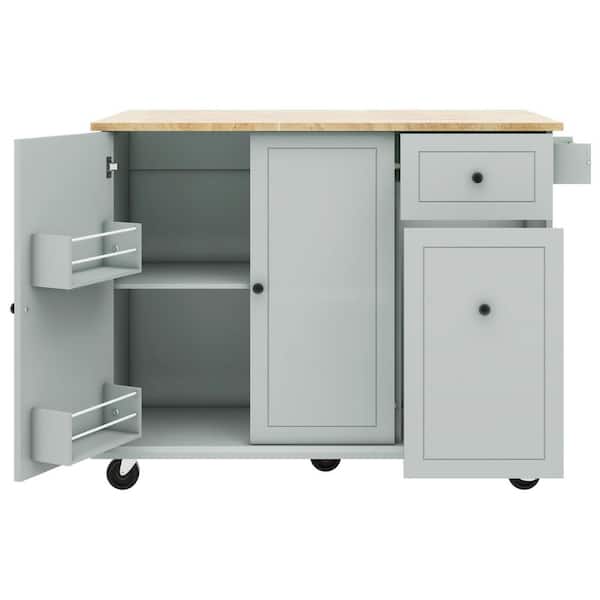 Unbranded Gray Blue Wood Kitchen Cart with Internal Storage Rack and Drop Leaf