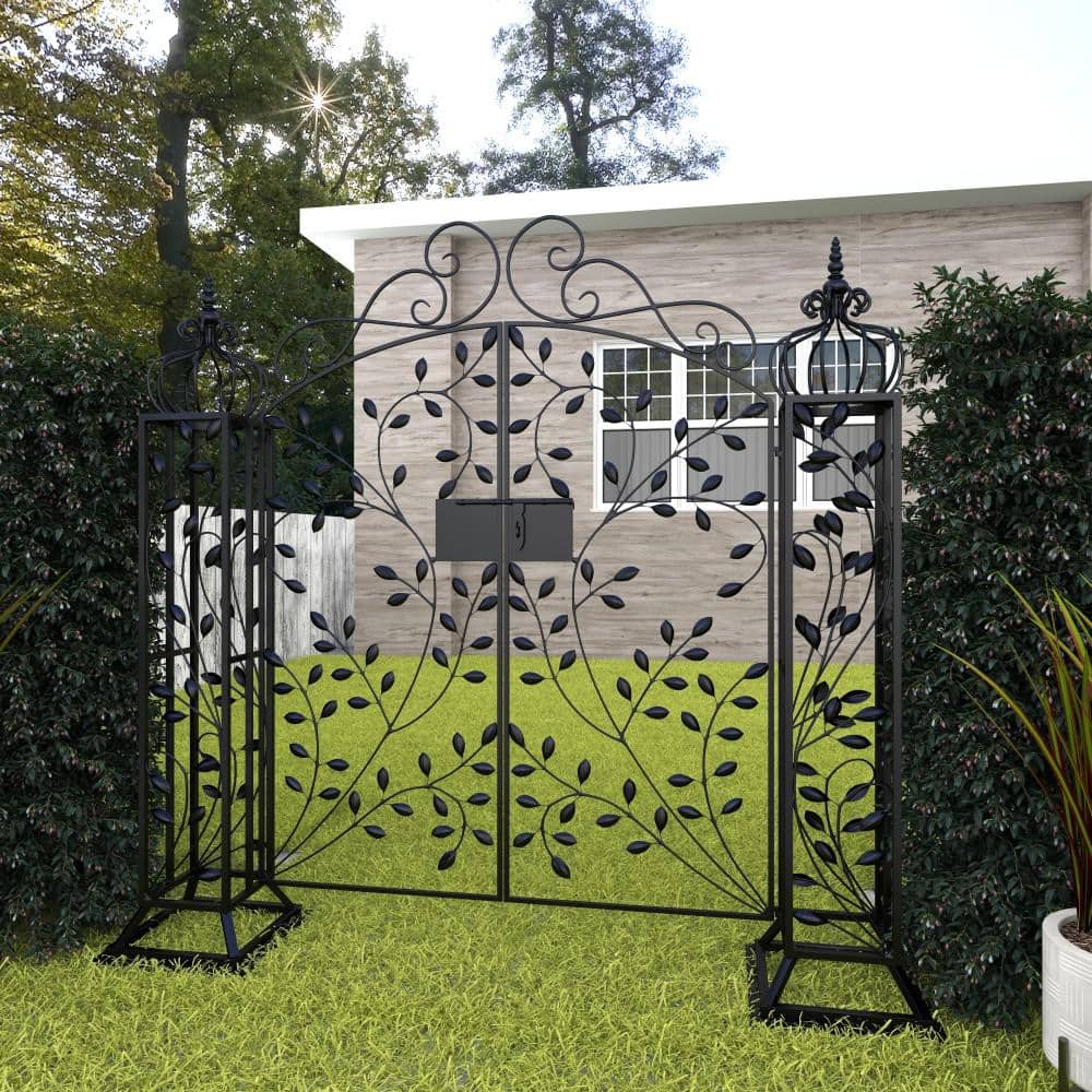 Matte Black Metal Scrollwork Arched Garden Gate Arbor