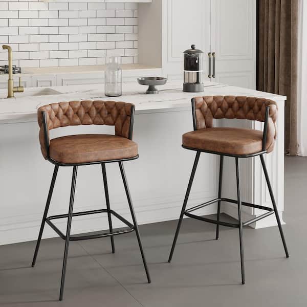34.25 in. Braided Bar Stools Set Counter Height Kitchen Island Stools w/ Back Support, Brown Metal Bar Chairs (Set of 2)