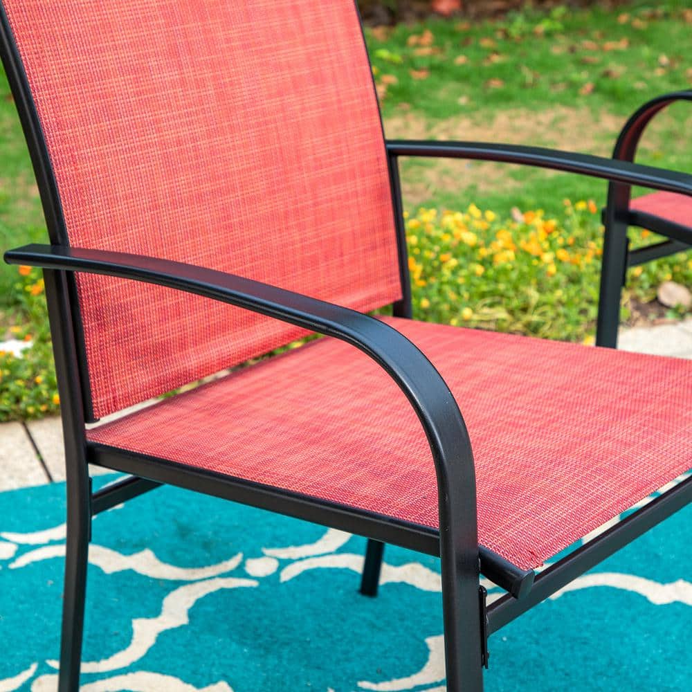 Red and Black Steel Patio Dining Armchairs with Cushions