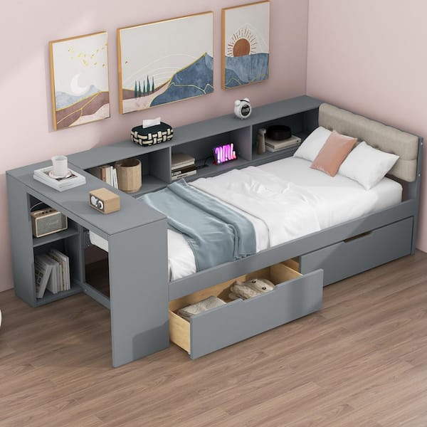 Harper & Bright Designs Gray Wood Frame Twin Platform Bed with 2 Drawers, Desk, Linen Upholstered Headboard, USB, Storage Shelves