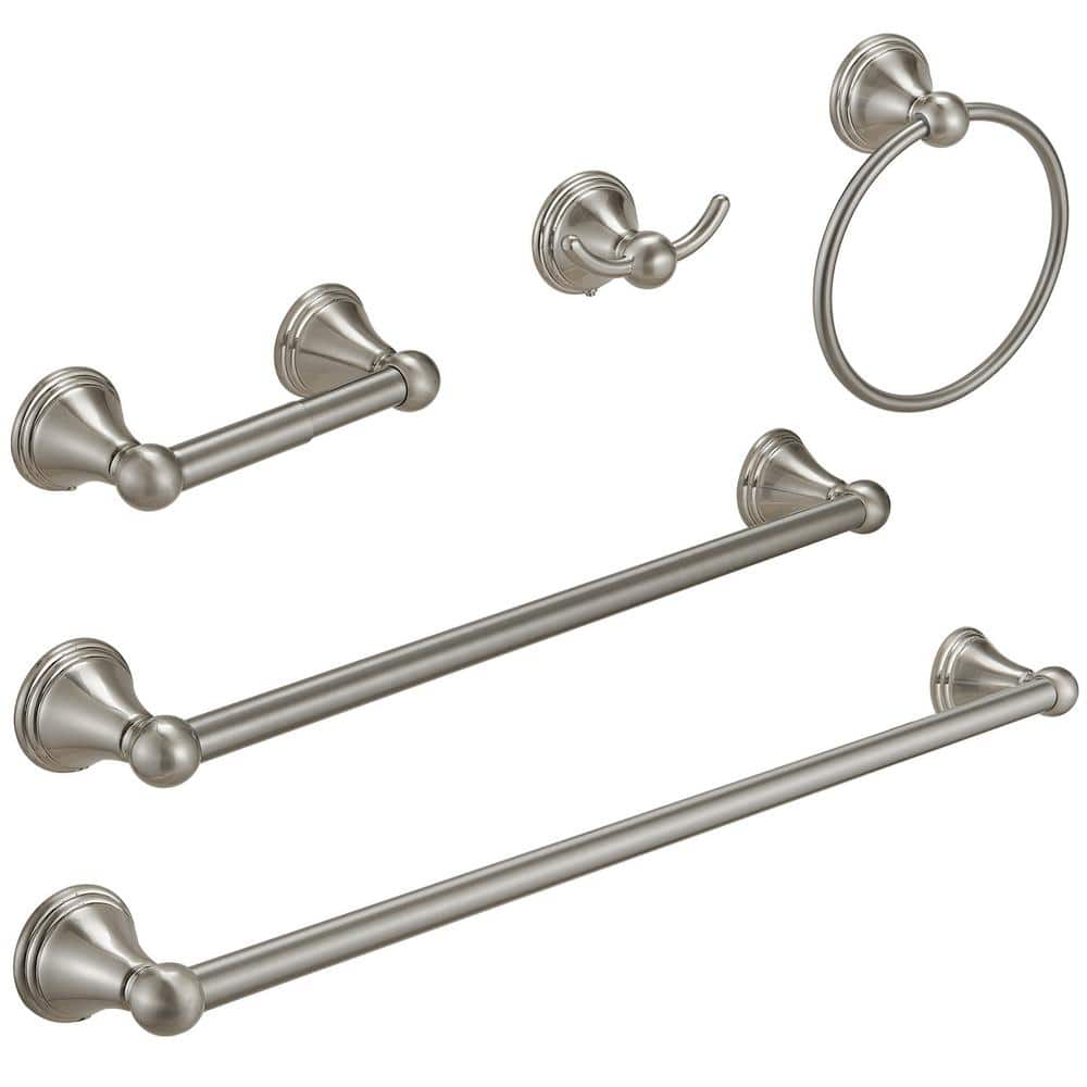 BWE 5-Piece Bath Hardware Set with 2-Towel Bars/Racks, Towel/Robe Hook, Toilet Paper Holder in Brushed Nickel