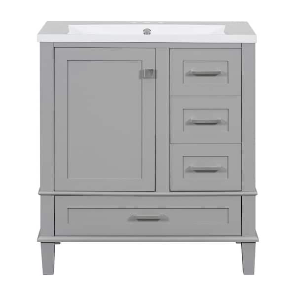 Miscool Ami 30 in. W Gray Freestanding With White Resin Top Bathroom Vanity Cabinet With 3 Drawers