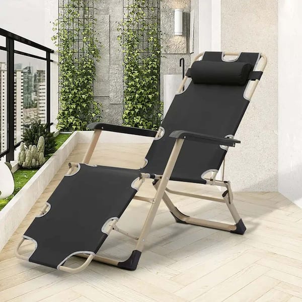 Unbranded Black Metal Outdoor Folding Chaise Lounge Zero Gravity Lounge Chair Patio Lounge Chair Beach Camping Lounge Chair