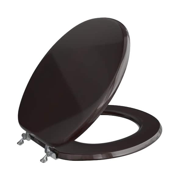 Dark Brown Designer Wood Round Toilet Seat with Piano Finish, Closed Front with Cover, Chrome Hinges