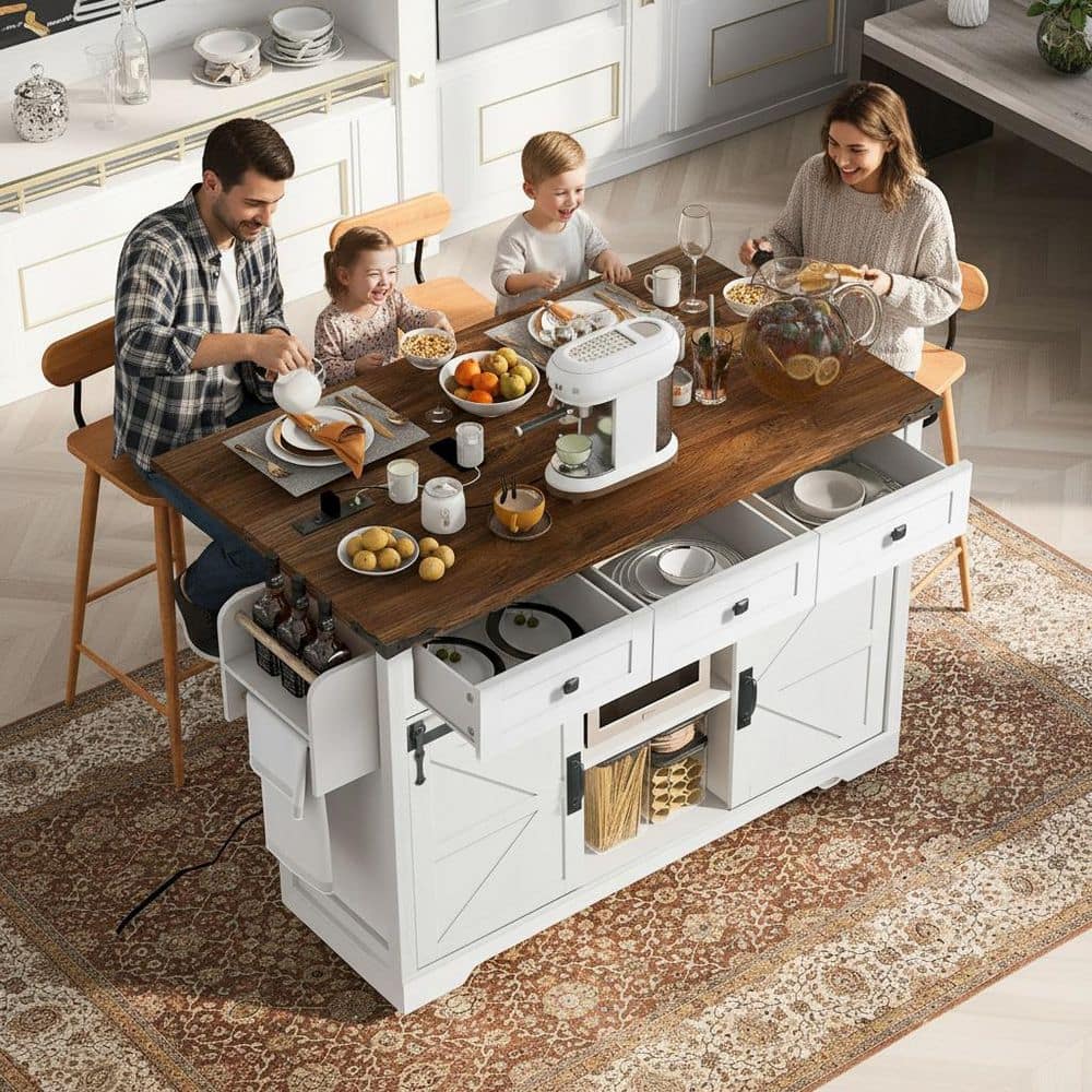 Runesay Farmhouse White Wood 53.7 in. Drop Leaf Kitchen Island Kitchen  Carts with Spice Rack and 2-Sliding Barn Door 707N124ABC - The Home Depot, image size:1000x1000