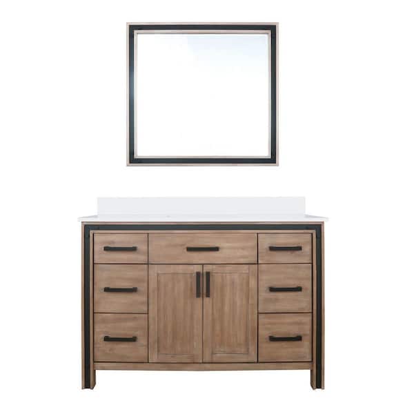Ziva 48 in W x 22 in D Rustic Barnwood Bath Vanity, White Quartz Top and 34 in Mirror