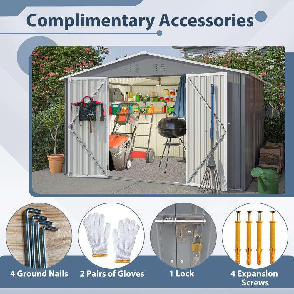 10' x 8' Gray Metal Double Door Storage Shed