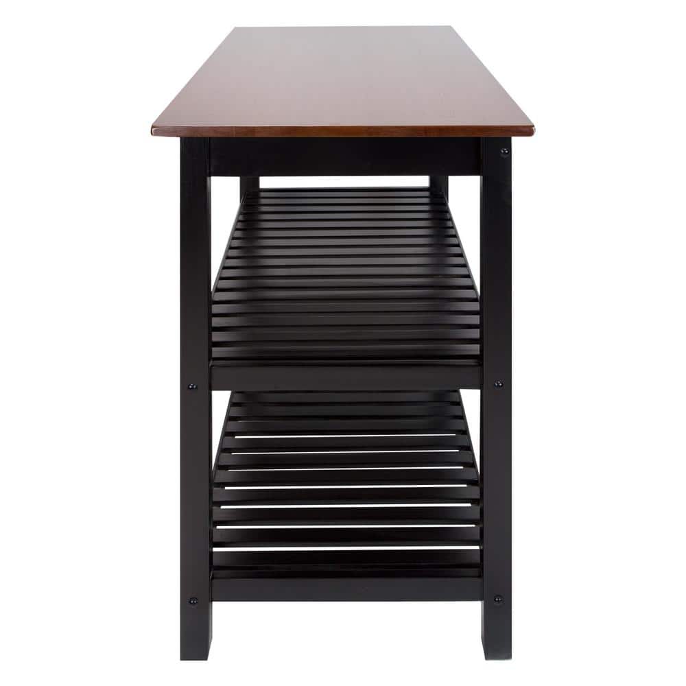 Walnut and Black Solid Wood Kitchen Island with Shelves