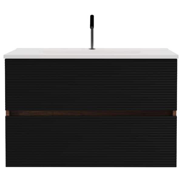 30 in. Wall-Mounted Black Brown Bath Vanity with White Ceramic Top Assembled