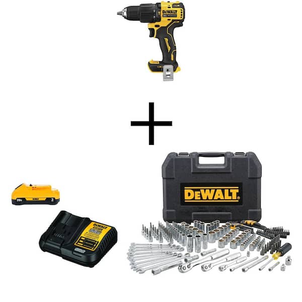 DEWALT ATOMIC 20V MAX Cordless Brushless Compact 1/2 in. Hammer Drill, 3.0Ah Battery, Charger, & Mechanics Tool Set (200 Piece)