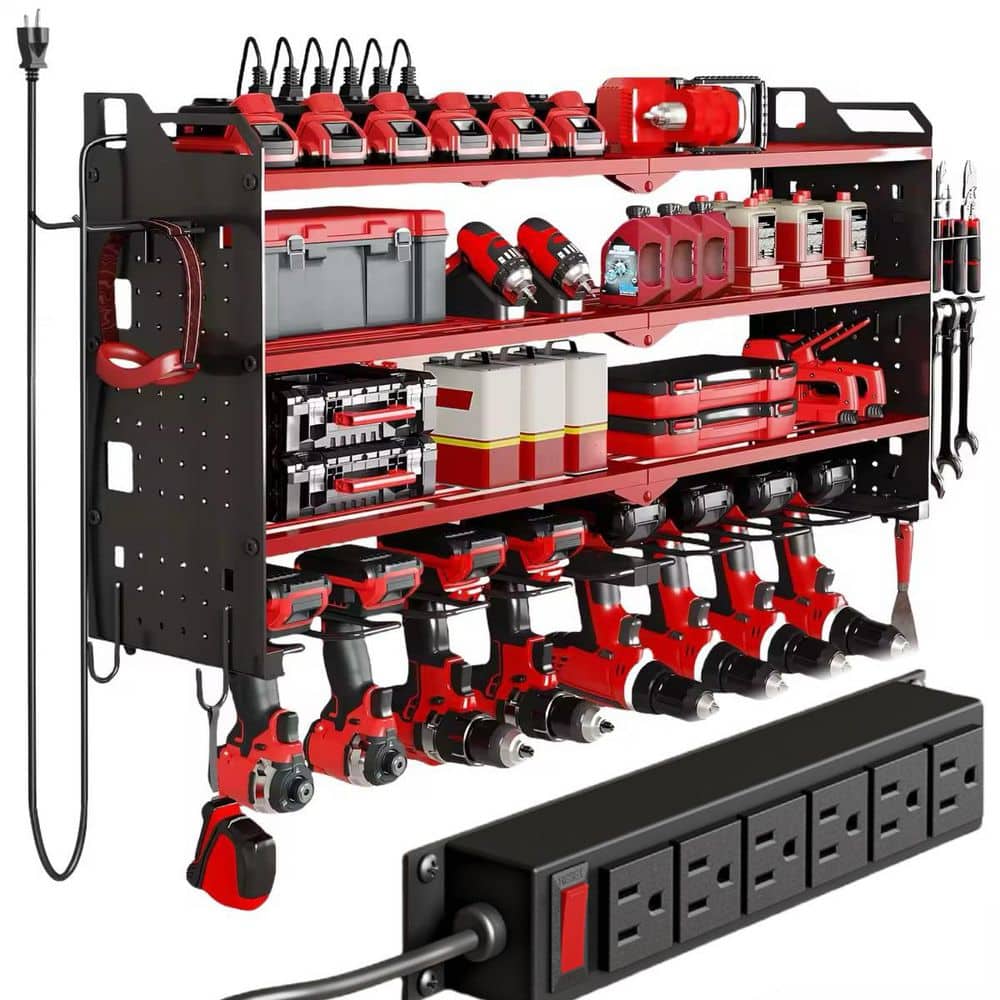 HAUSOURCE 17.13 in. Metal Standard Modular 4 Layers Wall Rack with 8 Drill Holders, Red BD-MLOOBRD-2