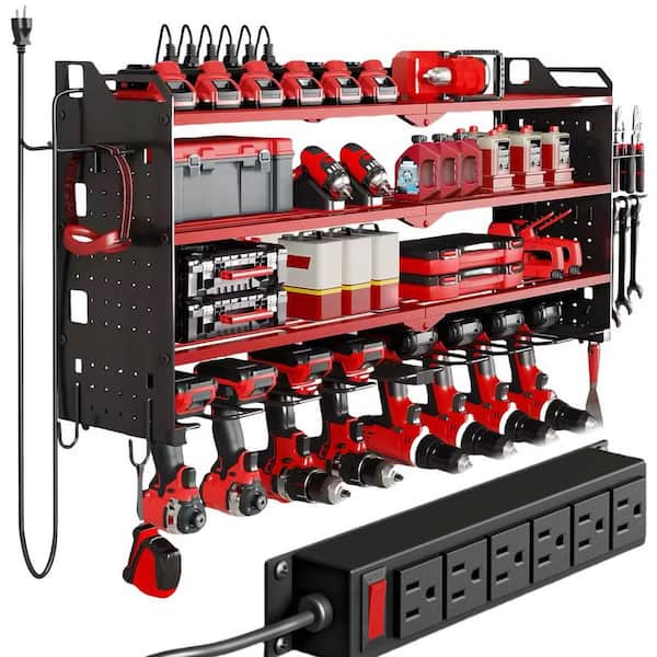 17.13 in. Metal Standard Modular 4 Layers Wall Rack with 8 Drill Holders, Red
