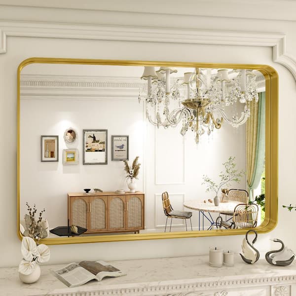 XRAMFY 29.5 in. W x 48 in. H Rectangular Modern Aluminum Deep Framed Rounded Gold Wall Mirror