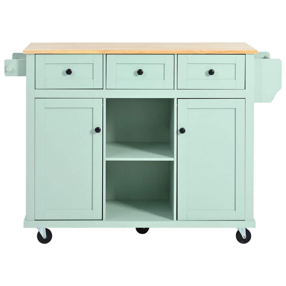 Mint Green Rubber Wood Kitchen Cart with Drop-Leaf and Towel Rack