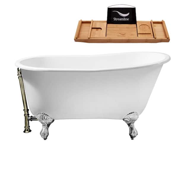 Streamline 53 in. Cast Iron Clawfoot Non-Whirlpool Bathtub in Glossy White with Brushed Nickel Drain and Polished Chrome Clawfeet