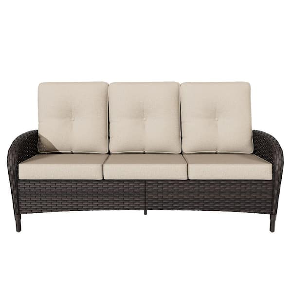 3-Seat Dark Brown Wicker Outdoor Couch Patio Couch Sofa with Beige Cushion