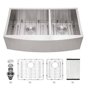 33 in. Farmhouse/Apron-Front Double Bowl 18 Gauge Brushed Nickel Stainless Steel Kitchen Sink with Bottom Grid