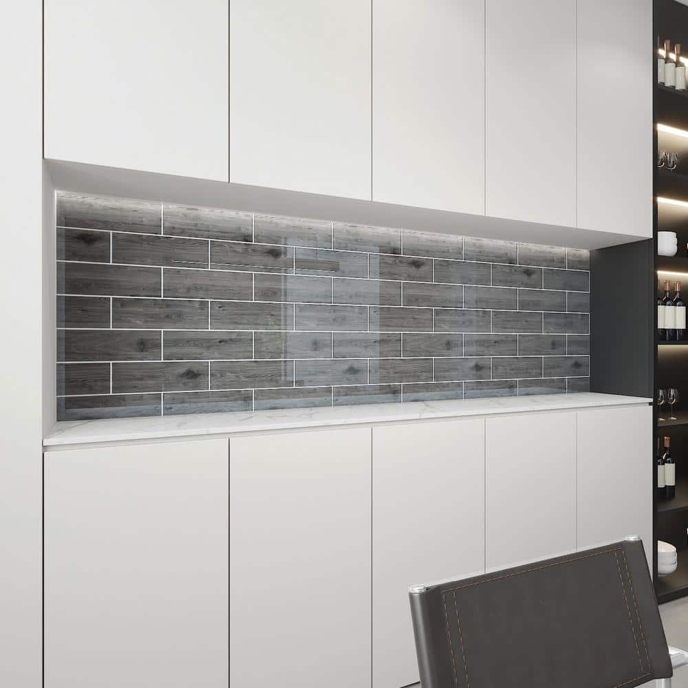 Platinum Glossy Glass Wood Look 4'' x 12'' Wall Tile