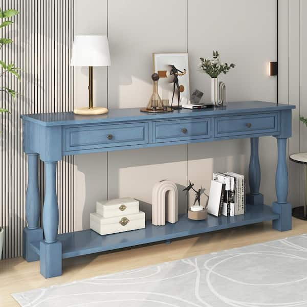 Nestfair 63 in. Navy Blue Rectangle Wood Long Console Table with ...