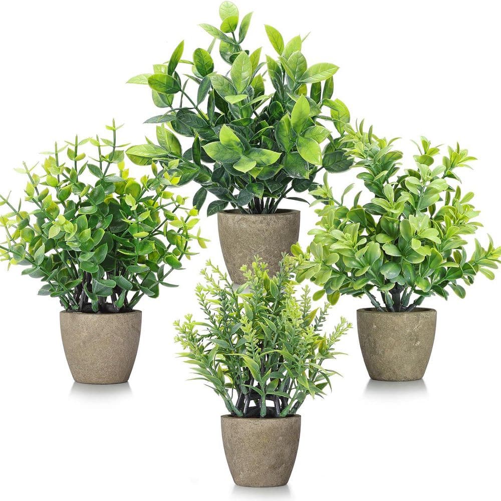 7 in. Green Potted Artificial Plants Fake Small Eucalyptus Greenery Plastic