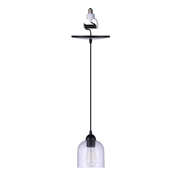 Worth Home Products Instant Pendant 1-Light Matte Black Recessed Light Conversion Kit with Clear Hammered Glass Shade