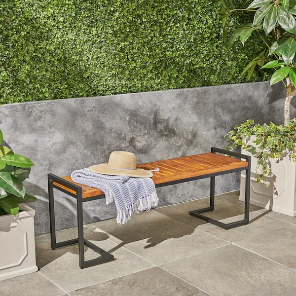 Unbranded 54 in. Acacia Wood and Iron Outdoor Storage Stool, Bench, Teak Finish for Porch, Balcony, Deck, Patio, Backyard