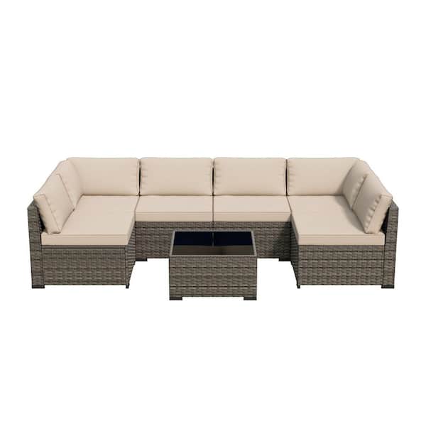 7-Piece Steel Plastic Rattan Wicker Outdoor Patio Conversation Seating Set Coffee Table with Beige Cushions