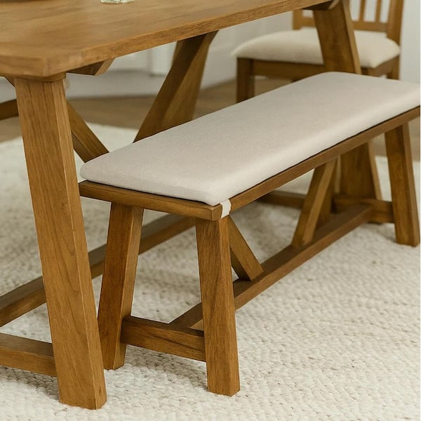 Benjara Jule Brown Wood 69 in. Backless Bedroom Bench with Trestle Base and Off White Seat