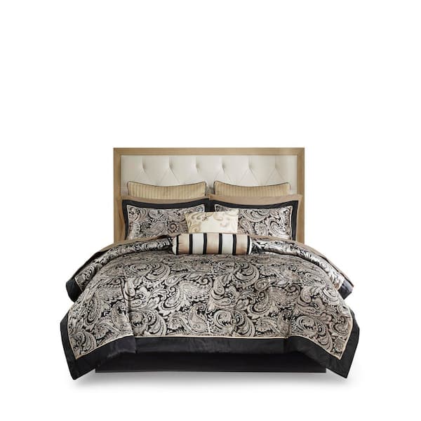 Comforter Set 12-Piece Cal King Jacquard Paisley Black Gold Bedding Set with Sheets and Decorative Pillows