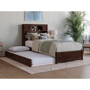 Hadley Walnut Brown Solid Wood Frame Twin XL Platform Bed with Panel Footboard and Twin XL Trundle