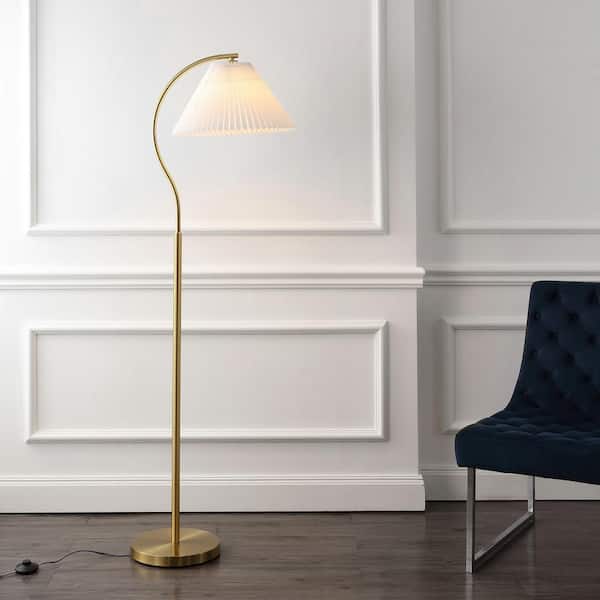 Devon 60.5 in. Brass Gold/White Standard Floor Lamp Modern Glam Metal Arc LED with Pleated Shade