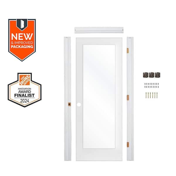 32in. x80in. 1-Lite Right-Hand Clear Glass MDF Primed Single Assembly Required Interior Door Kit w/ Quick Assemble Jamb
