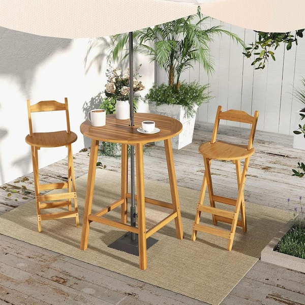Natural Round Wood Outdoor Bistro Table with Umbrella Hole