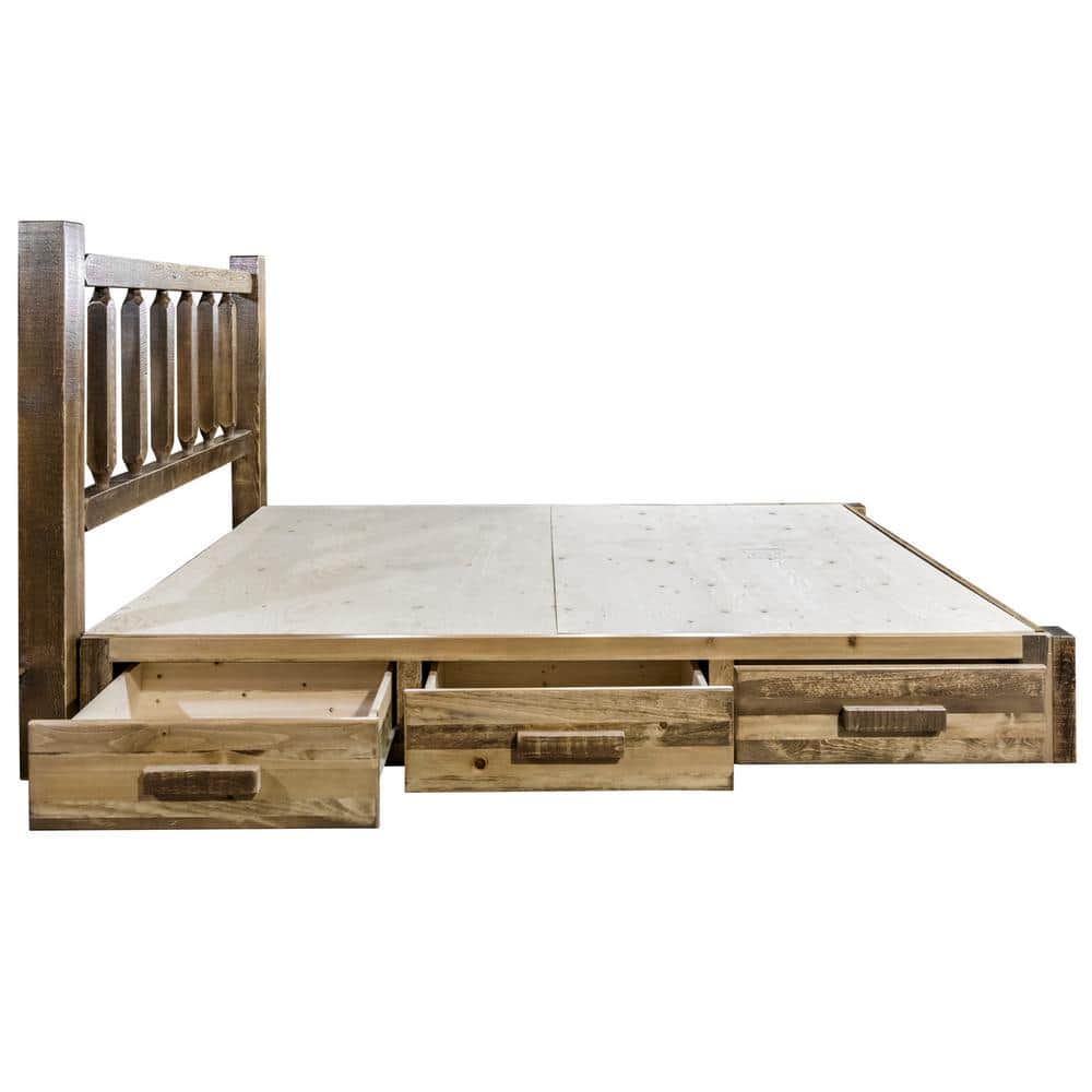 Early American Pine King Platform Bed with Storage Drawers
