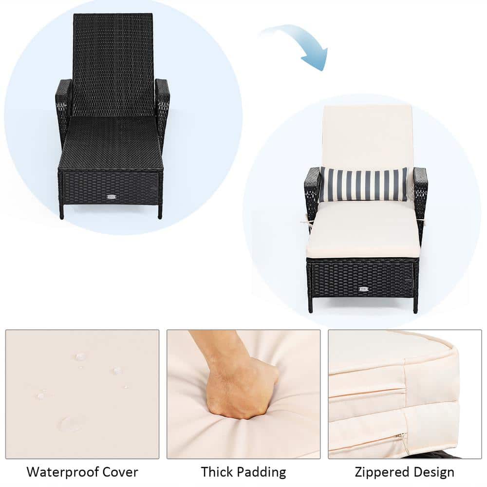 Black Steel Frame Adjustable Chaise Lounge with Off-White Cushions
