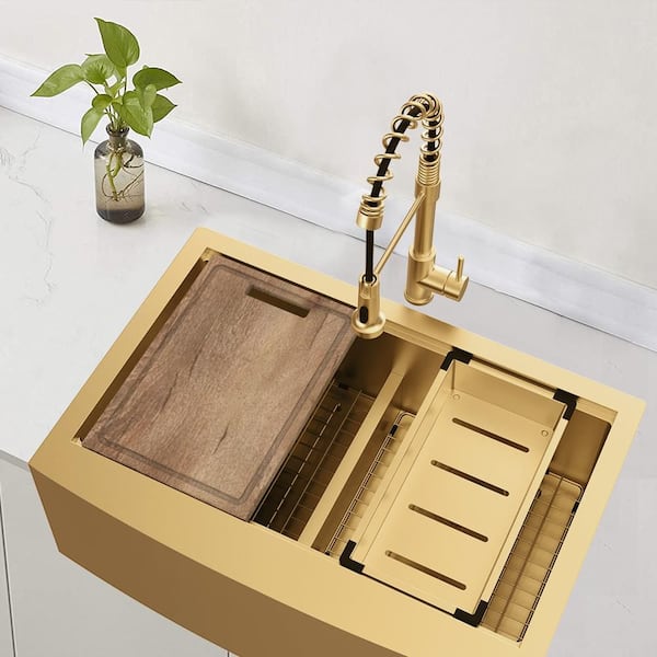 Glacier Bay 33 in. Farmhouse/Apron-Front Double Bowl 18-Gauge Gold