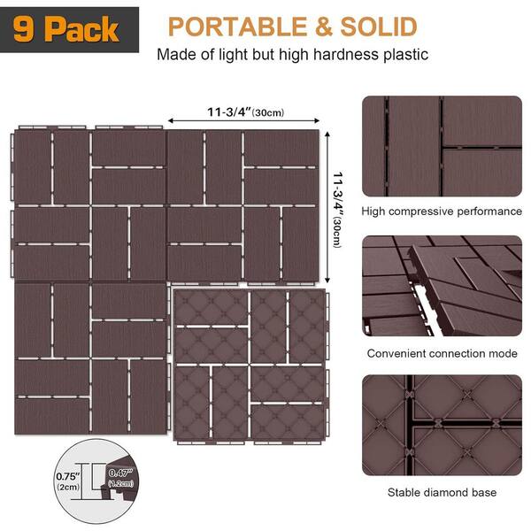 Afoxsos 12 ft. x 12 ft. Plastic Interlocking Deck Tiles Waterproof in Dark Brown (9 Per Pack)