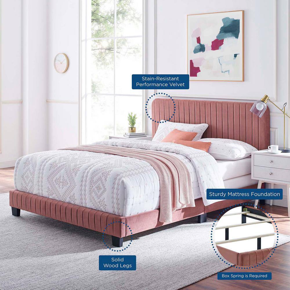Dusty Rose Velvet Upholstered King Bed with Tufted Headboard