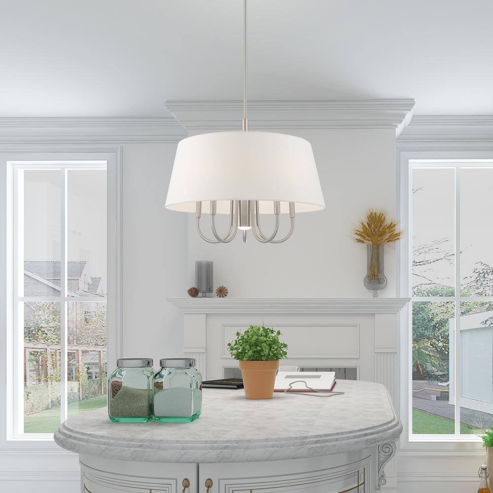 Belclaire 6-Light Brushed Nickel Pendant with Off-White Drum Shade